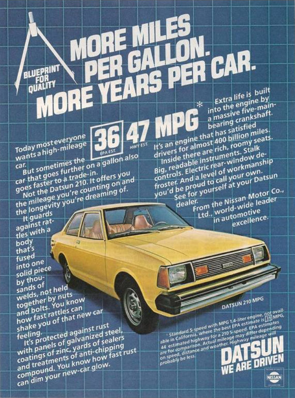 Old school advertisement for a 1981 Datsun 210 Car ad says the 1981 Datsun